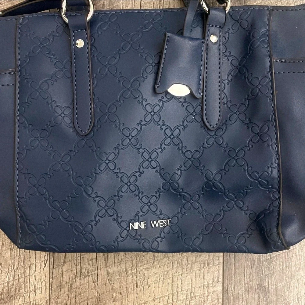 Nine West Navy Blue Embossed Logo Satchel‎ Crossbody Bag Silver Hardware